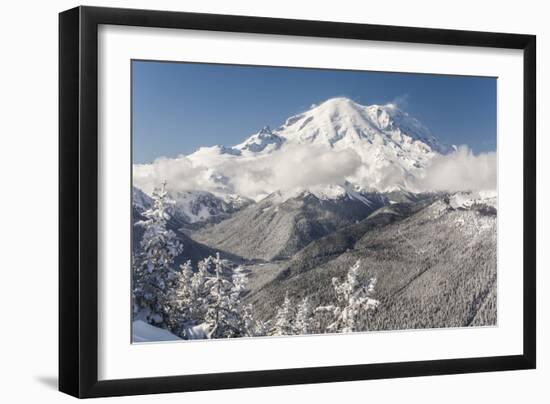 Usa, Washington State, Crystal Mountain. Snow-covered Mount Rainier viewed from Lucky Shot ski run-Merrill Images-Framed Photographic Print