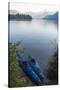 USA, Washington State. Kayaks tied at shore Anderson Point Campground. Mt. Shuksan morning light-Trish Drury-Stretched Canvas