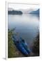 USA, Washington State. Kayaks tied at shore Anderson Point Campground. Mt. Shuksan morning light-Trish Drury-Framed Photographic Print