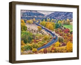 USA, Washington State, Kittitas County. Burlington Northern Santa Fe train along the Yakima River.-Julie Eggers-Framed Photographic Print