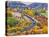 USA, Washington State, Kittitas County. Burlington Northern Santa Fe train along the Yakima River.-Julie Eggers-Stretched Canvas
