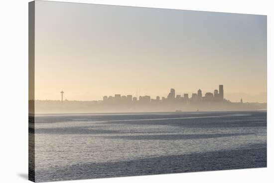 USA, Washington State. Morning fog Seattle. Calm Puget Sound. Variety of boat traffic. Waterfront s-Trish Drury-Stretched Canvas