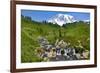 USA, Washington State, Mount Rainier National Park. Mount Rainier and Edith Creek cascade.-Jaynes Gallery-Framed Photographic Print