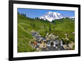 USA, Washington State, Mount Rainier National Park. Mount Rainier and Edith Creek cascade.-Jaynes Gallery-Framed Photographic Print