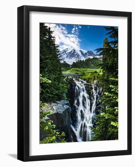 USA, Washington State, Mount Rainier National Park, Mount Rainier, waterfall-George Theodore-Framed Photographic Print