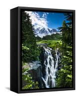 USA, Washington State, Mount Rainier National Park, Mount Rainier, waterfall-George Theodore-Framed Stretched Canvas