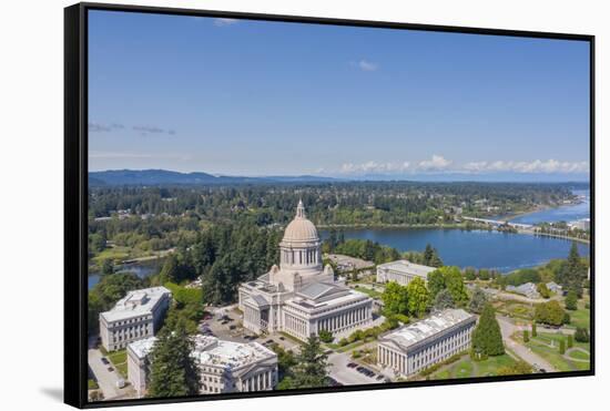USA, Washington State, Olympia. State Capitol and Budd Bay Inlet.-Merrill Images-Framed Stretched Canvas