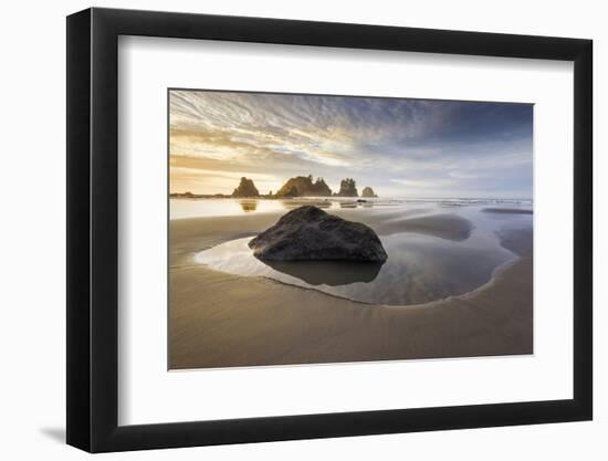 USA, Washington State, Olympic NP. Sunrise on coast beach and rocks.-Jaynes Gallery-Framed Photographic Print