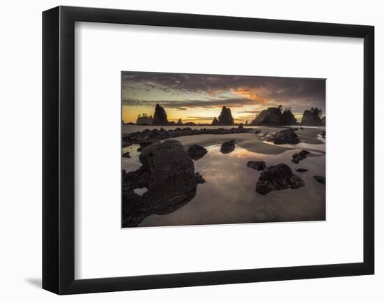 USA, Washington State, Olympic NP. Sunrise on coast beach and rocks.-Jaynes Gallery-Framed Photographic Print