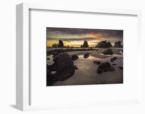 USA, Washington State, Olympic NP. Sunrise on coast beach and rocks.-Jaynes Gallery-Framed Photographic Print