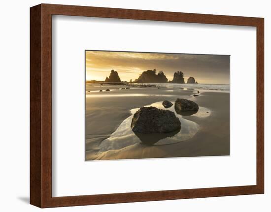 USA, Washington State, Olympic NP. Sunrise on coast beach and rocks.-Jaynes Gallery-Framed Photographic Print