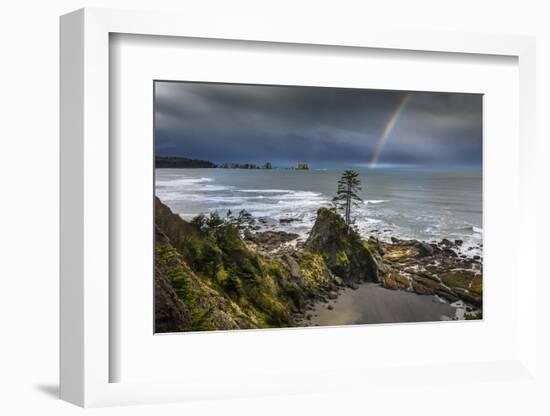 USA, Washington State, Olympic Peninsula. Shi Shi Beach, Rainbow over Point of the Arches.-Yuri Choufour-Framed Photographic Print