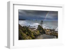 USA, Washington State, Olympic Peninsula. Shi Shi Beach, Rainbow over Point of the Arches.-Yuri Choufour-Framed Photographic Print