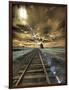 USA, Washington State, Palouse. Backcountry rail Road and Silo through wheat field with clouds-Terry Eggers-Framed Photographic Print