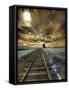 USA, Washington State, Palouse. Backcountry rail Road and Silo through wheat field with clouds-Terry Eggers-Framed Stretched Canvas