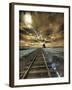 USA, Washington State, Palouse. Backcountry rail Road and Silo through wheat field with clouds-Terry Eggers-Framed Premium Photographic Print