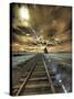 USA, Washington State, Palouse. Backcountry rail Road and Silo through wheat field with clouds-Terry Eggers-Stretched Canvas