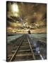 USA, Washington State, Palouse. Backcountry rail Road and Silo through wheat field with clouds-Terry Eggers-Stretched Canvas