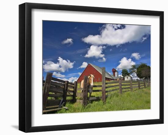 USA, Washington State, Palouse Country, Colfax, Old Red Barn with a Horse-Terry Eggers-Framed Premium Photographic Print