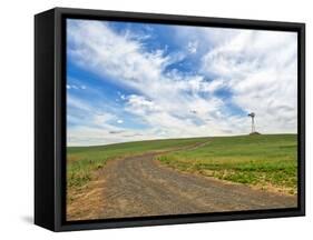 USA, Washington State, Palouse. Field road leading to weather vane-Terry Eggers-Framed Stretched Canvas