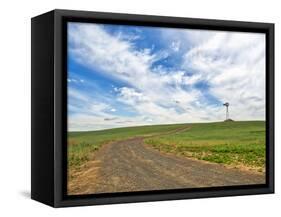 USA, Washington State, Palouse. Field road leading to weather vane-Terry Eggers-Framed Stretched Canvas
