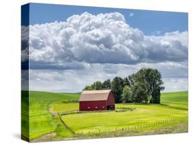 USA, Washington State, Palouse, Old Red barn with fresh green fields-Terry Eggers-Stretched Canvas