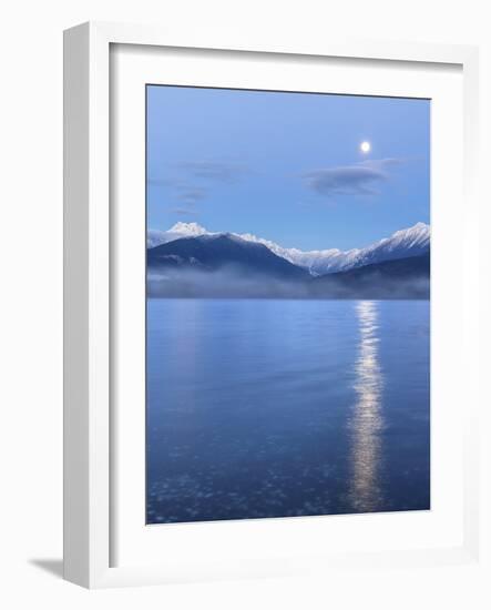 USA, Washington State, Seabeck. Moon setting over the Olympic Mountains and Hood Canal.-Jaynes Gallery-Framed Photographic Print