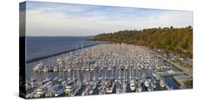 USA, Washington State, Seattle. Boats docked at Shilshole Marina and Elliott Bay.-Merrill Images-Stretched Canvas