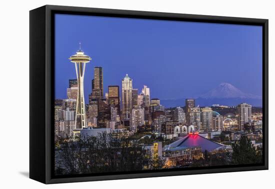 USA, Washington State, Seattle, Downtown and Mt. Rainier at Twilight-Rob Tilley-Framed Stretched Canvas