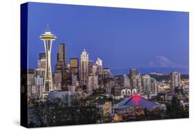 USA, Washington State, Seattle, Downtown and Mt. Rainier at Twilight-Rob Tilley-Stretched Canvas