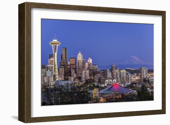 USA, Washington State, Seattle, Downtown and Mt. Rainier at Twilight-Rob Tilley-Framed Photographic Print