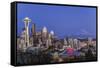 USA, Washington State, Seattle, Downtown and Mt. Rainier at Twilight-Rob Tilley-Framed Stretched Canvas