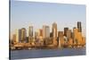 USA, Washington State, Seattle. Downtown waterfront in evening light.-Trish Drury-Stretched Canvas