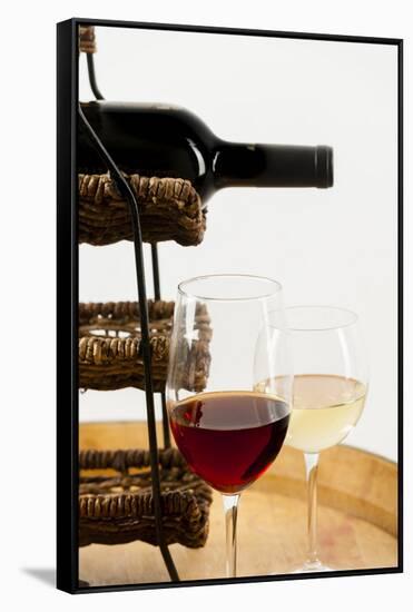 USA, Washington State, Seattle. Glass of red and white wine on a barrel.-Richard Duval-Framed Stretched Canvas