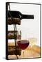 USA, Washington State, Seattle. Glass of red and white wine on a barrel.-Richard Duval-Framed Stretched Canvas