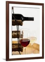 USA, Washington State, Seattle. Glass of red and white wine on a barrel.-Richard Duval-Framed Photographic Print