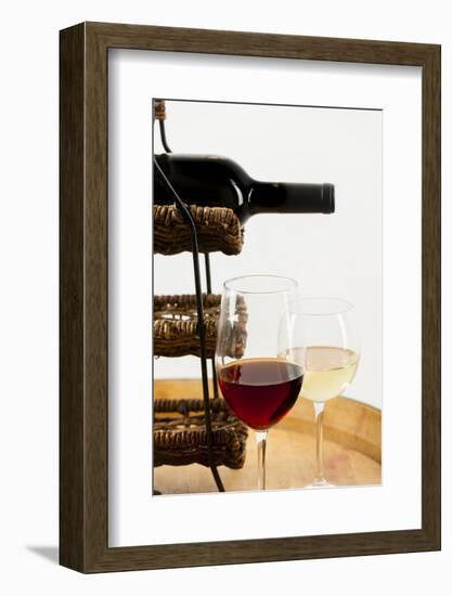 USA, Washington State, Seattle. Glass of red and white wine on a barrel.-Richard Duval-Framed Photographic Print