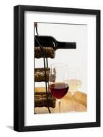 USA, Washington State, Seattle. Glass of red and white wine on a barrel.-Richard Duval-Framed Photographic Print