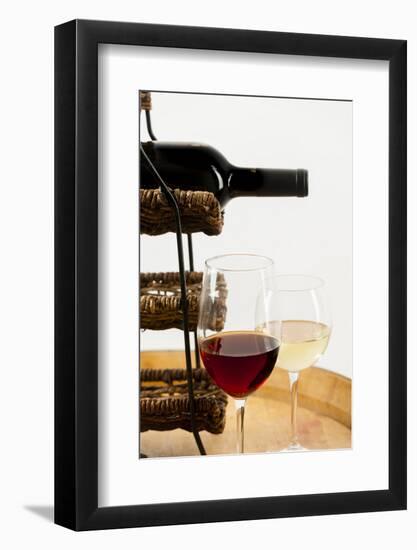 USA, Washington State, Seattle. Glass of red and white wine on a barrel.-Richard Duval-Framed Photographic Print