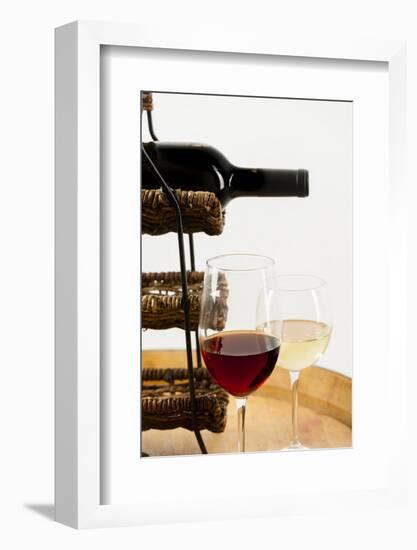 USA, Washington State, Seattle. Glass of red and white wine on a barrel.-Richard Duval-Framed Photographic Print