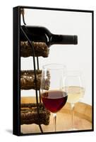 USA, Washington State, Seattle. Glass of red and white wine on a barrel.-Richard Duval-Framed Stretched Canvas