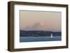 USA, Washington State, Seattle. Sailboat passes in front of Mt. Rainier pink dusk light-Trish Drury-Framed Photographic Print