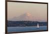 USA, Washington State, Seattle. Sailboat passes in front of Mt. Rainier pink dusk light-Trish Drury-Framed Photographic Print