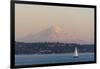 USA, Washington State, Seattle. Sailboat passes in front of Mt. Rainier pink dusk light-Trish Drury-Framed Photographic Print