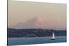 USA, Washington State, Seattle. Sailboat passes in front of Mt. Rainier pink dusk light-Trish Drury-Stretched Canvas