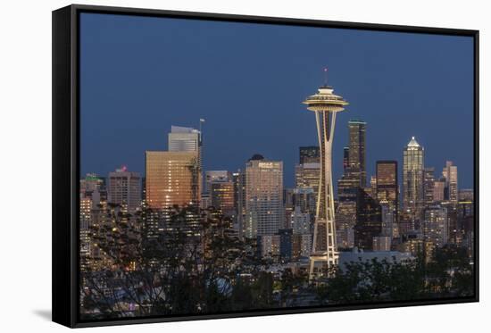 USA, Washington State, Seattle. Space Needle and city skyline at dusk.-Jaynes Gallery-Framed Stretched Canvas