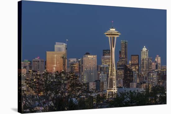 USA, Washington State, Seattle. Space Needle and city skyline at dusk.-Jaynes Gallery-Stretched Canvas