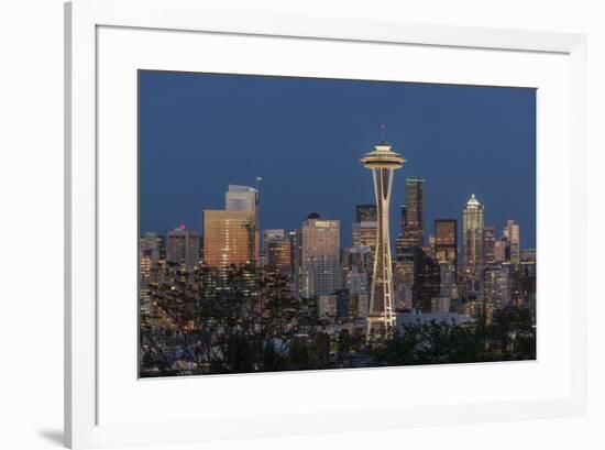 USA, Washington State, Seattle. Space Needle and city skyline at dusk.-Jaynes Gallery-Framed Photographic Print