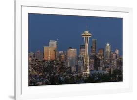 USA, Washington State, Seattle. Space Needle and city skyline at dusk.-Jaynes Gallery-Framed Photographic Print