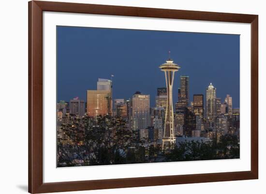 USA, Washington State, Seattle. Space Needle and city skyline at dusk.-Jaynes Gallery-Framed Photographic Print